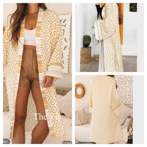 Boho Geometric Kimono Duster | Yellow & White Lightweight Cardigan